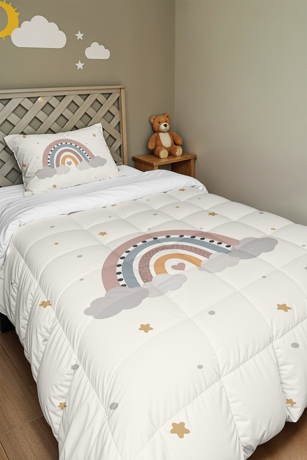 Cream plain pastel rainbow patterned single duvet and pillowcase