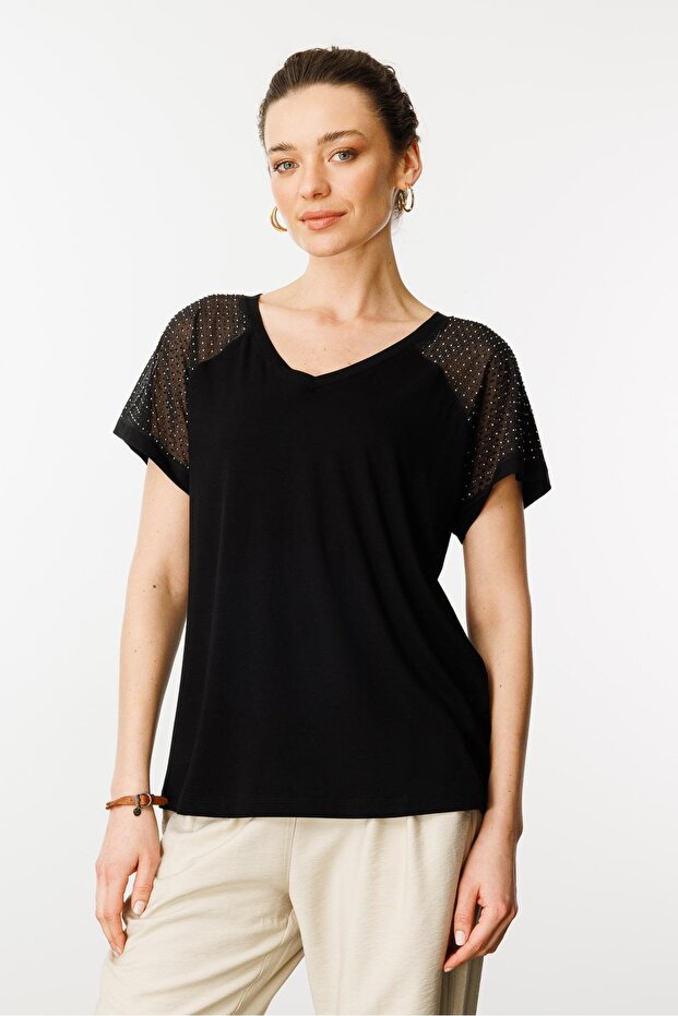 Women's V-Neck Shoulders Stone Printed Combed Cotton T-Shirt Black
