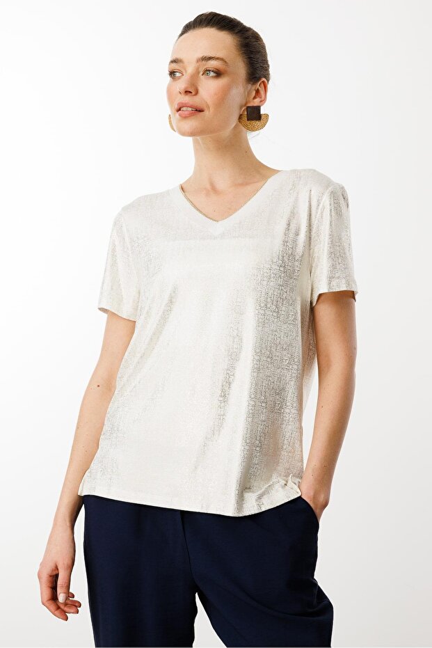 Women's V-Neck Shiny Printed Combed Cotton T-Shirt White