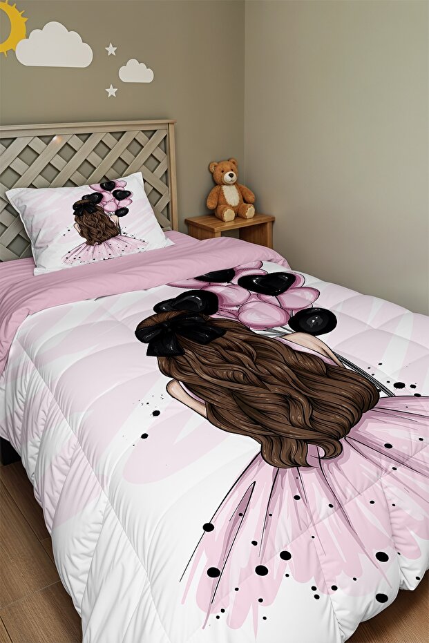 Pink Balloon Girl Patterned Single Quilt and Pillowcase