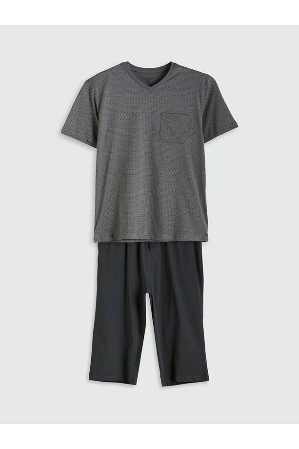 Gri Standart Kalıp Erkek Şortlu Pijama Takımı - 1