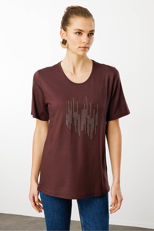Women's Crew Neck Stone Printed Combed Cotton T-Shirt Brown
