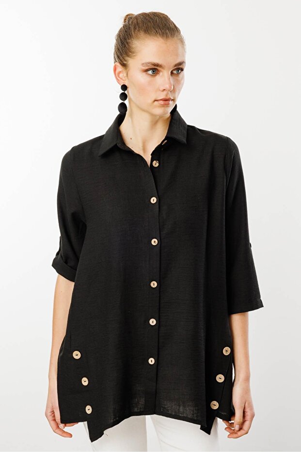 Women's Three Quarter Sleeve Linen Shirt Black