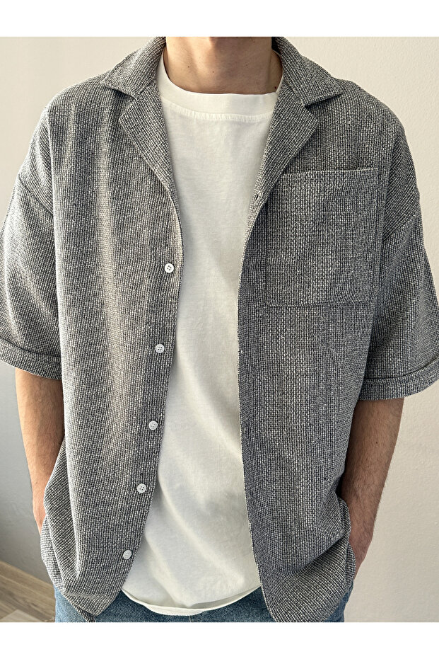 New Season Summer Short Sleeve Linen Cotton Textured Single Pocket Men's Shirt.