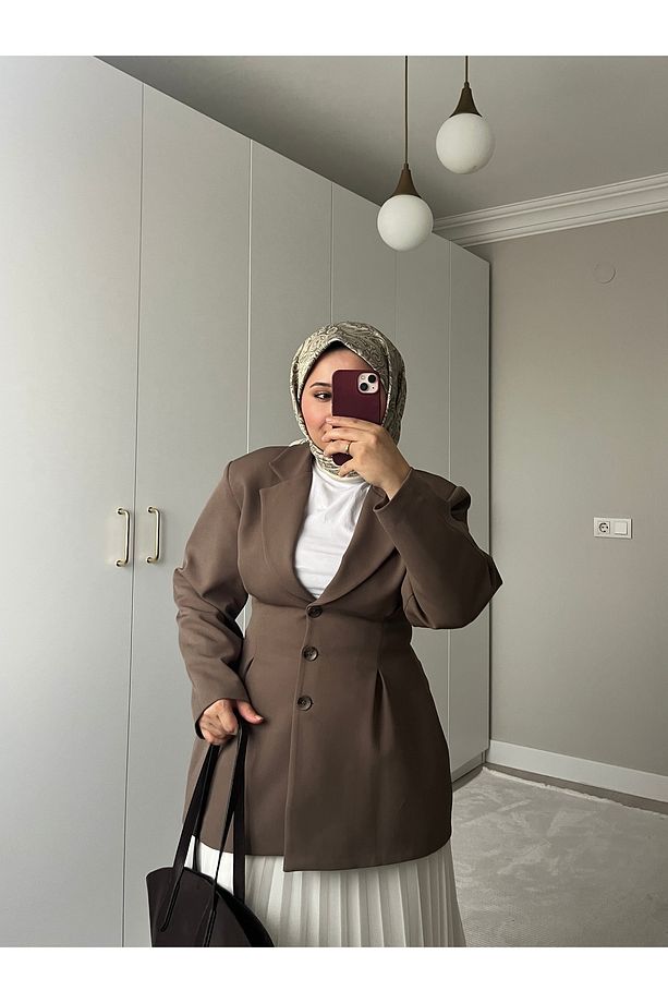 Bel Pileli Astarlı Blazer Kahve - 4