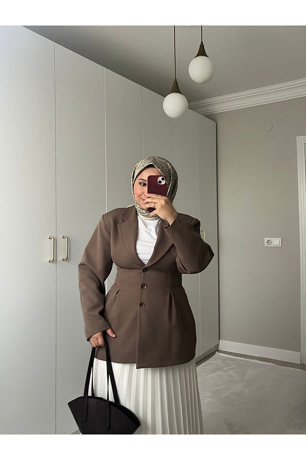 Bel Pileli Astarlı Blazer Kahve - 2