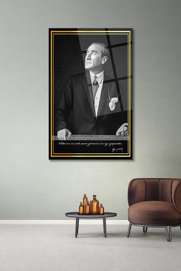 Atatürk Portre Dikey Cam Tablo, Ev, İş, Kurum, Ofis, Makam Odası Hediyelik Tablo - 6