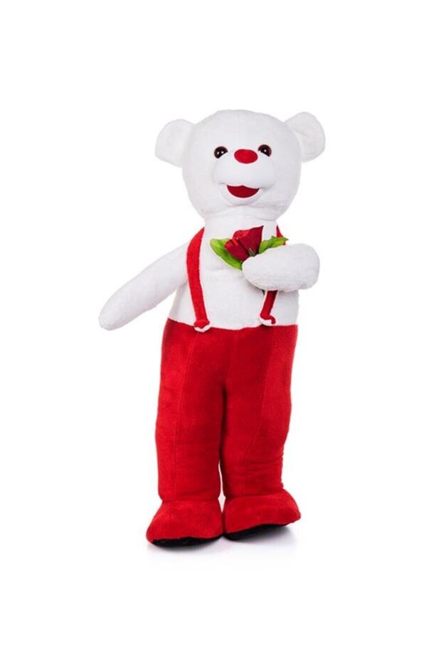 80 Cm Red Floral Patterned Teddy Bear in Overalls