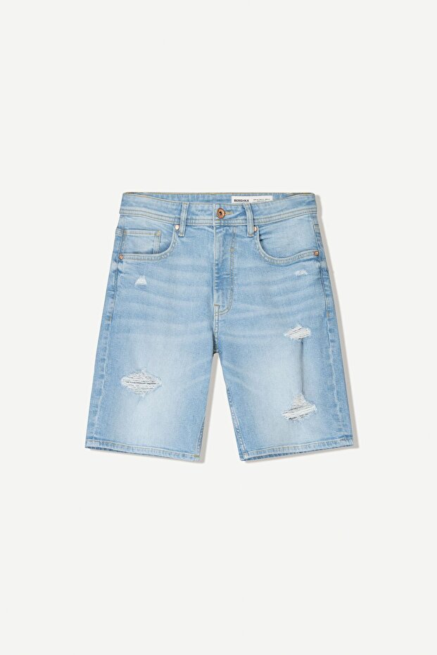 Distressed denim bermuda şort - 1