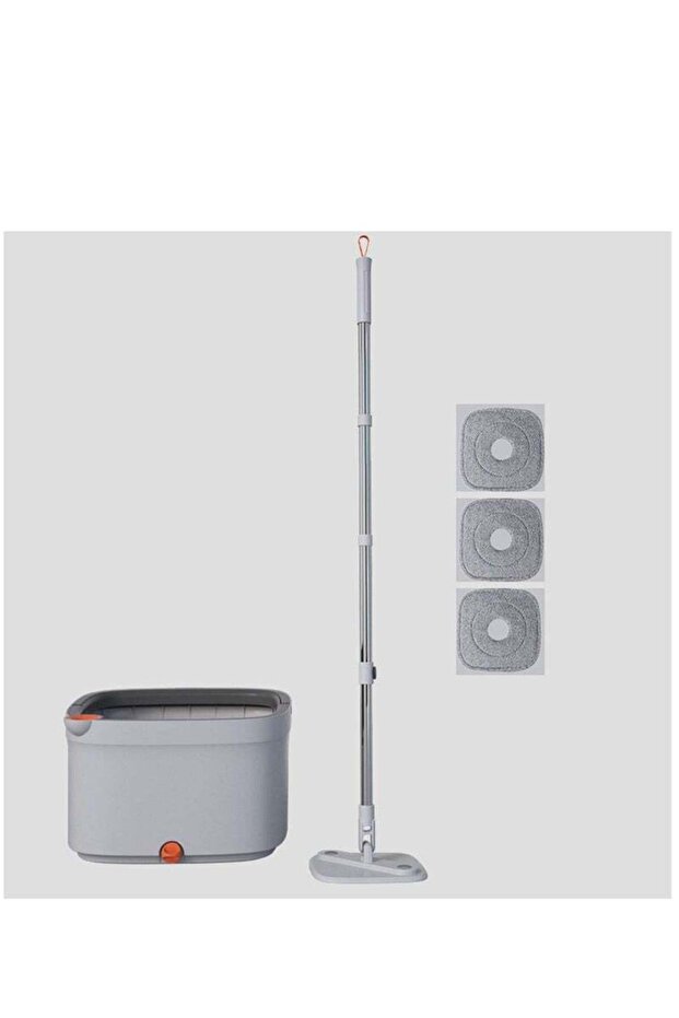 Spin mop set,square mop head,height-adjustable,detachable handle,with 3 reusable mop pads,gray - 6