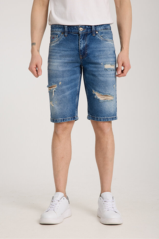 100% Cotton Light Blue Denim Shorts with Ripped Detail