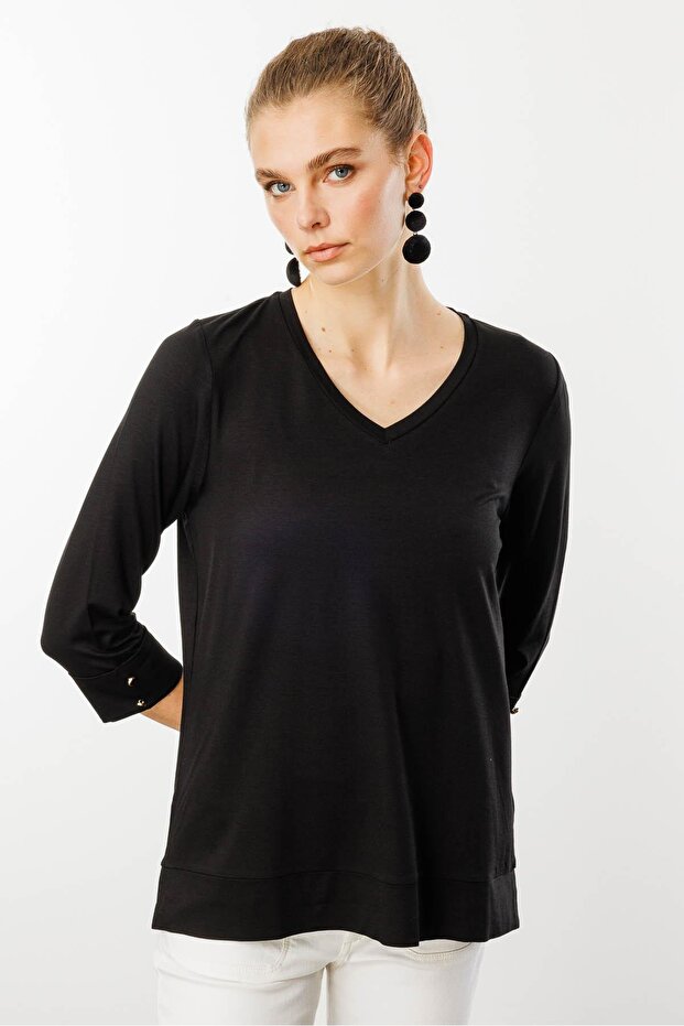 Women's V-Neck Combed Cotton Blouse Black