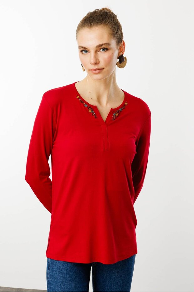 Women's Crew Neck Hand Embroidered Blouse Red