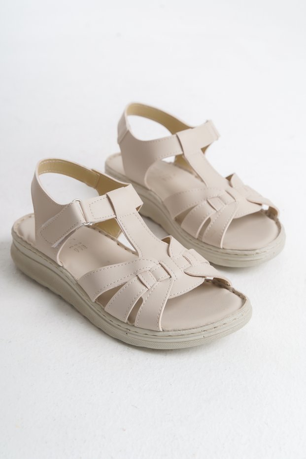 Ravora Beige Daily Anatomical Orthopedic Vegan Leather Comfortable Sole Women's Slippers Sandals