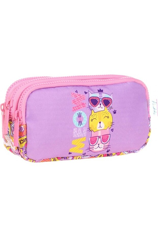 Three Compartment Purple Cats Girls Pencil Bag