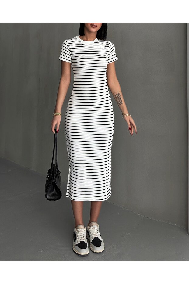 Women's White Striped Slit Stretchy Long Knitted Dress