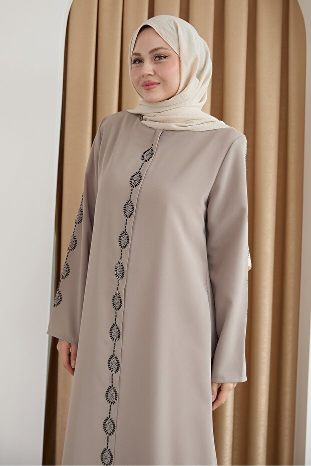 Damla Stone Patterned Beige Ferace - 4