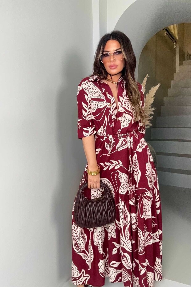 Patterned Shirt Dress Burgundy