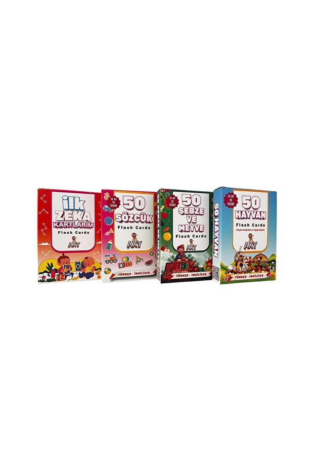 مجموعة تعليمية مكونة من 4 بطاقات فلاش (اللغة التركية - الإنجليزية) وبطاقات تطوير الذكاء