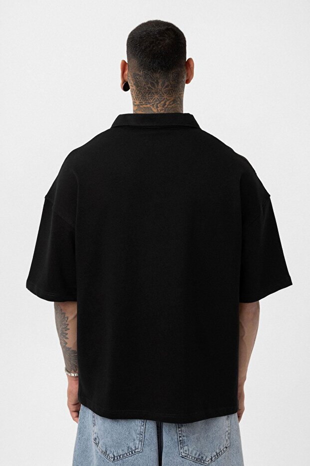 Basic Polo Yaka Oversize Tişört Siyah - 5
