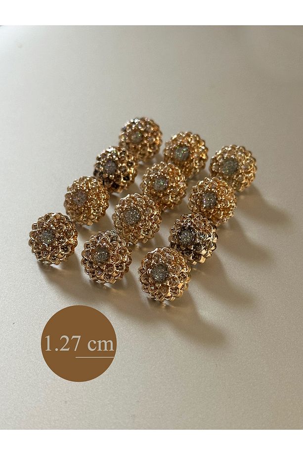 Gold Üzeri Simli Mineli Çiçek Model 1.27 CM Metalize Gömlek Bluz Düğme -12li Paket - 3