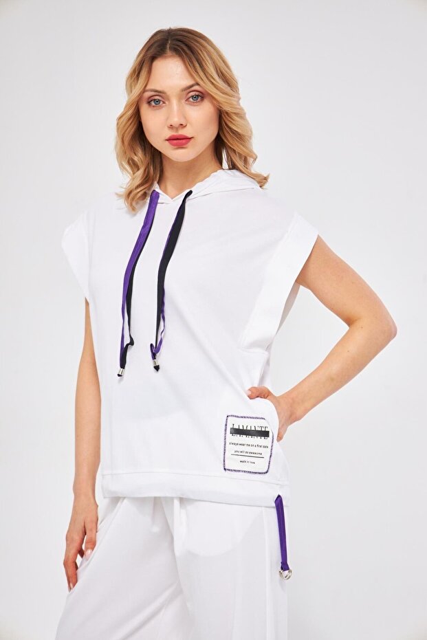 KAPÜŞONLU KOLSUZ BEYAZ BASIC SWEATSHIRT - 3