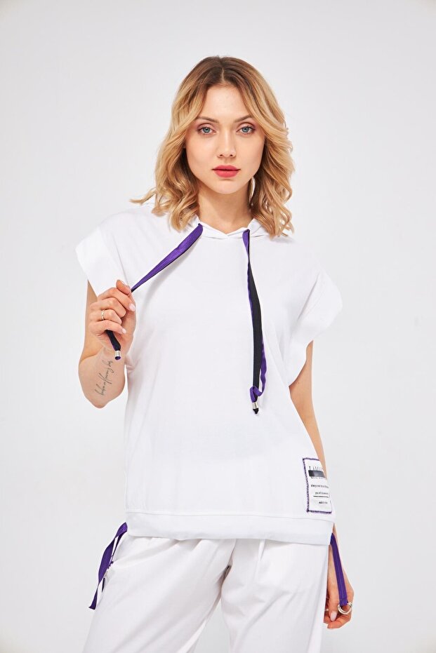 KAPÜŞONLU KOLSUZ BEYAZ BASIC SWEATSHIRT - 5