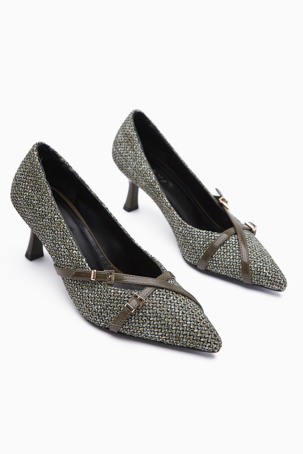 Noran Khaki Knitted Detailed Pointed Toe Heeled Women's Shoes