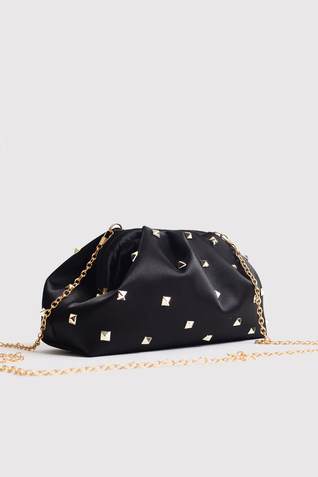 Black Women's Satin Gold Stone Clutch Evening Dress Bag