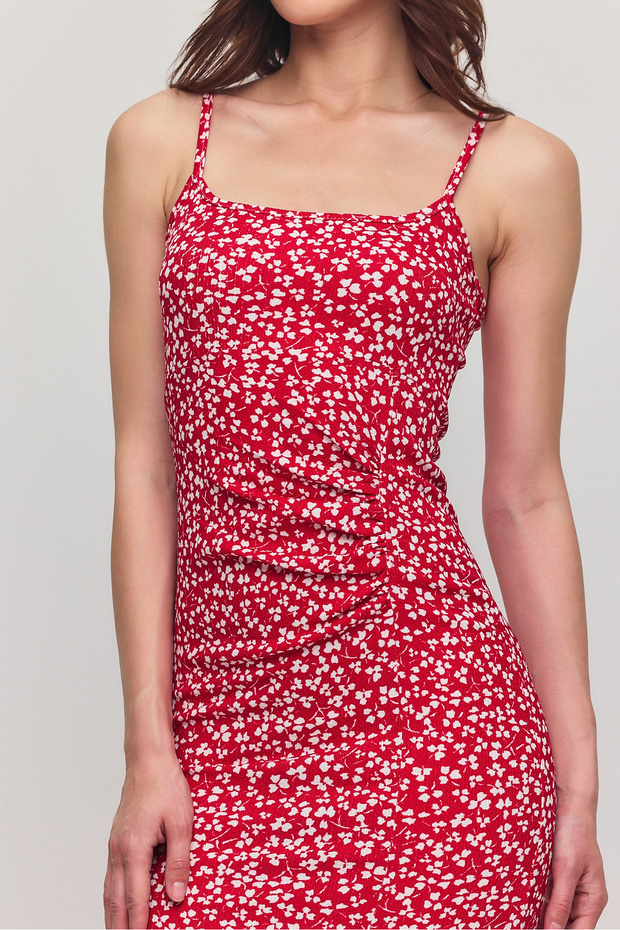Strappy Midi Length Summer Dress with Left Side Shirring and Slit