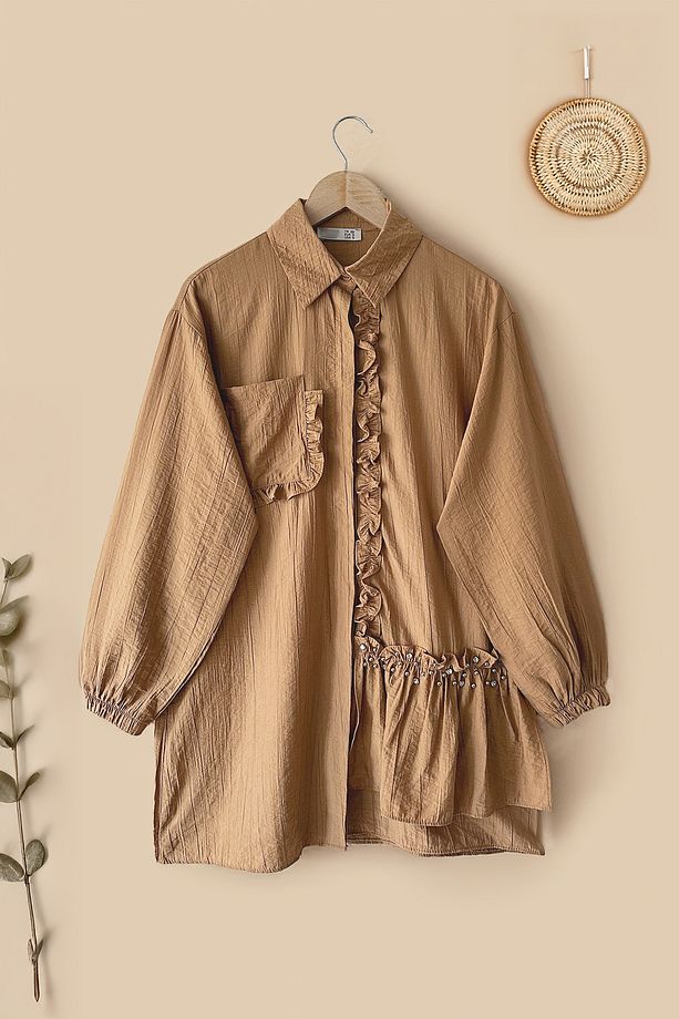 Önü Taş Detay Fırfır Tunik - Camel - 1