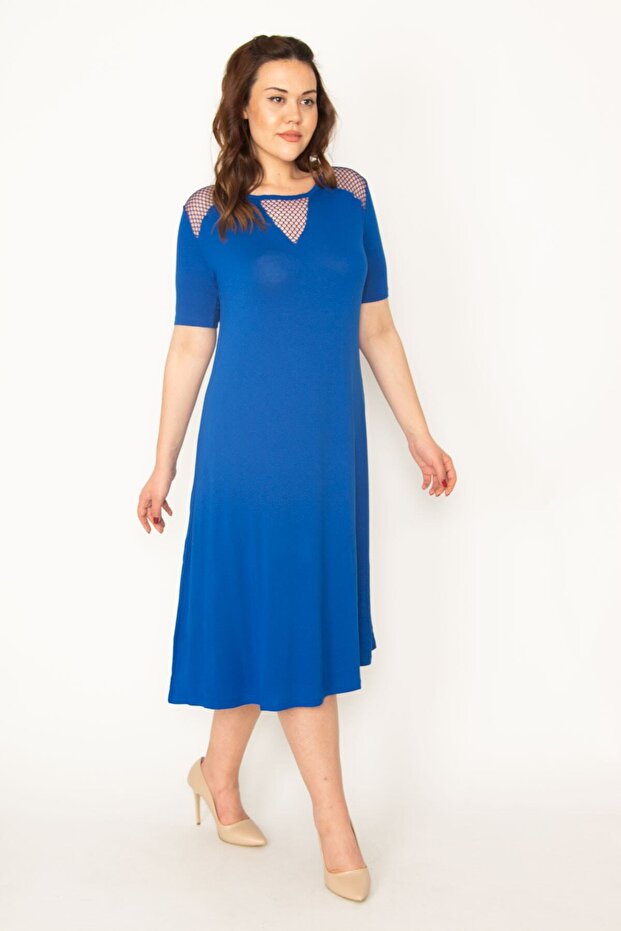 Women's Large Size Cobalt Blue Mesh Detailed Viscose Dress 65n24063