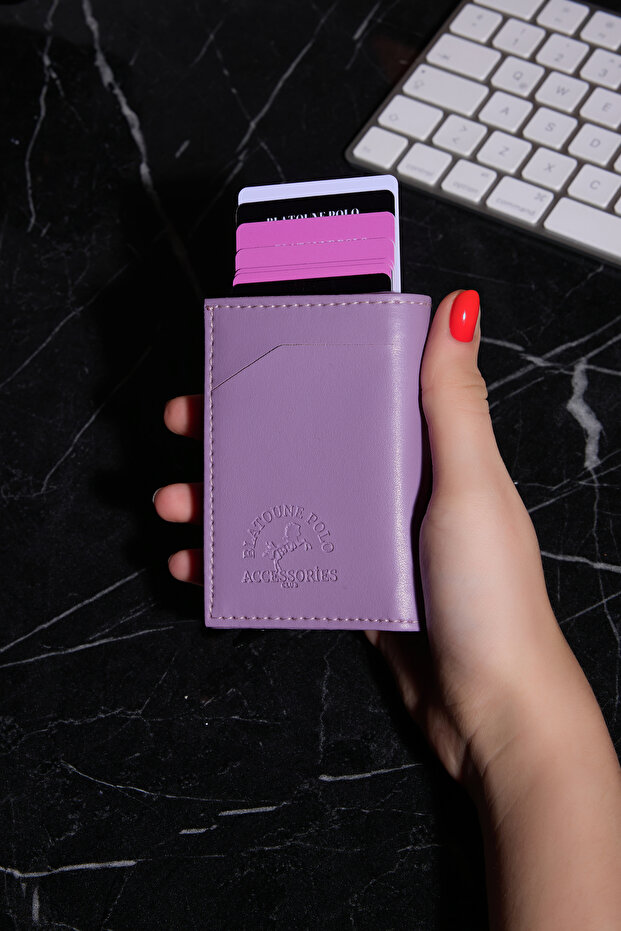 Rfid Protected Women's Lilac Automatic Mechanism Anti-Theft Card Holder Wallet with Coin Compartment