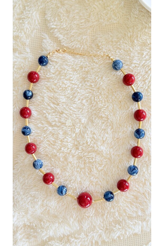 Handmade Ceramic Beaded Red-Navy Blue Necklace | Stylish and Colorful Design
