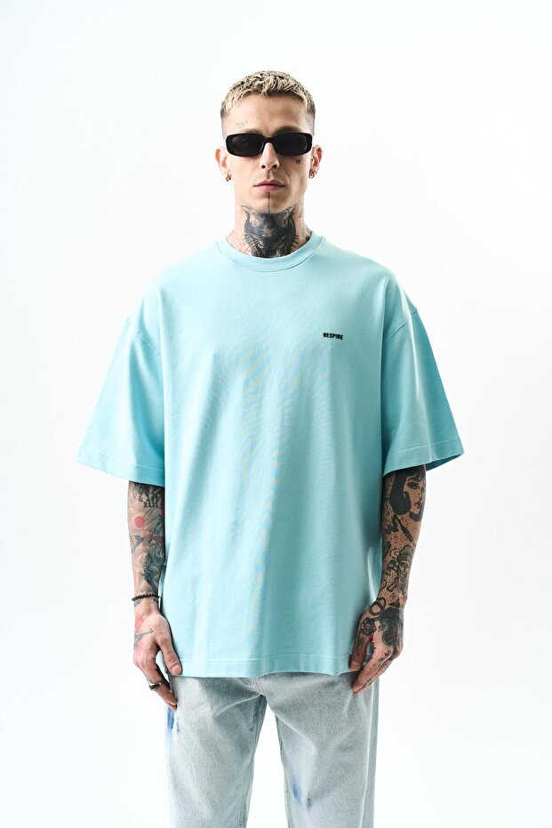 Men's Respire Text Detailed Oversize T-Shirt Baby Blue