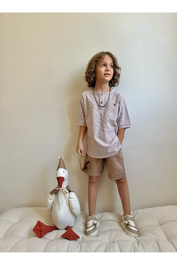 Yigit Butik Seersucker Fabric Mandarin Collar Boy Shorts Suit