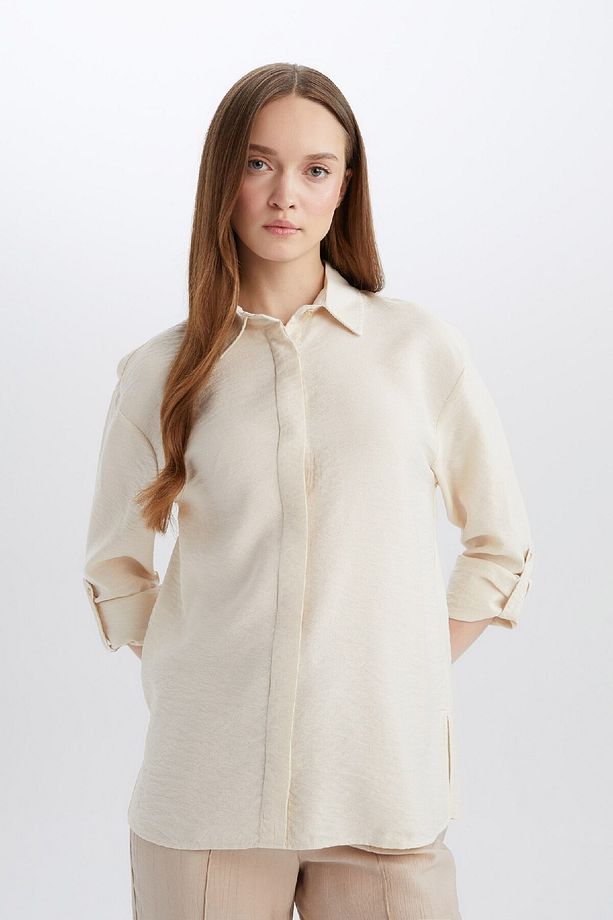 Regular Fit Basic Düz Uzun Kollu Gömlek Tunik E0785AX25SP - 3