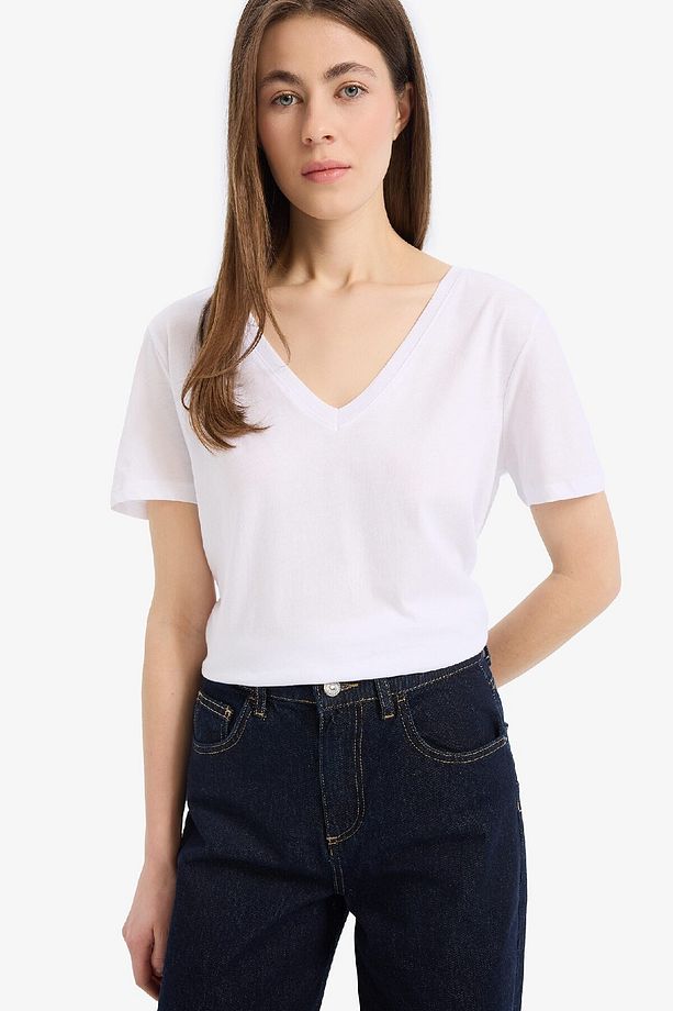 %100 Pamuk Regular Fit V Yaka Basic Düz Kısa Kollu Beyaz Tişört W9578az25sp - 5