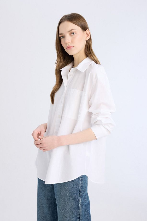 Oversize Geniş Kalıp Tek Cepli Poplin Uzun Kollu Gömlek D9174ax25sp - 4