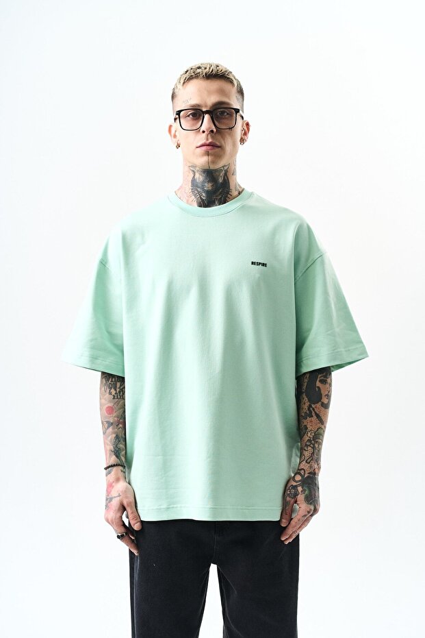 Men's Respire Text Detailed Oversize T-Shirt Water Green