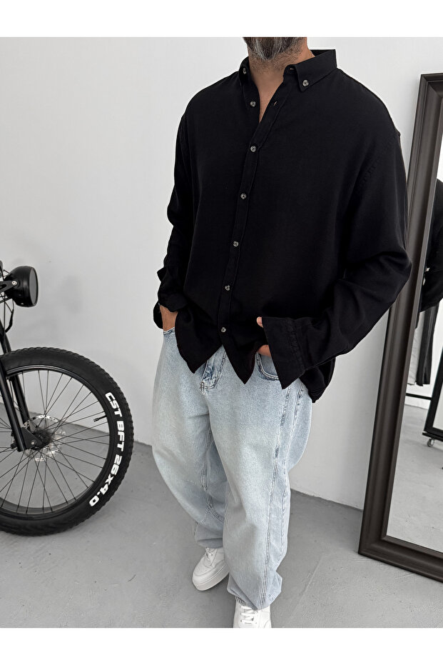 Siyah Yaka Düğmeli Oversize Gömlek G-4863 - 3