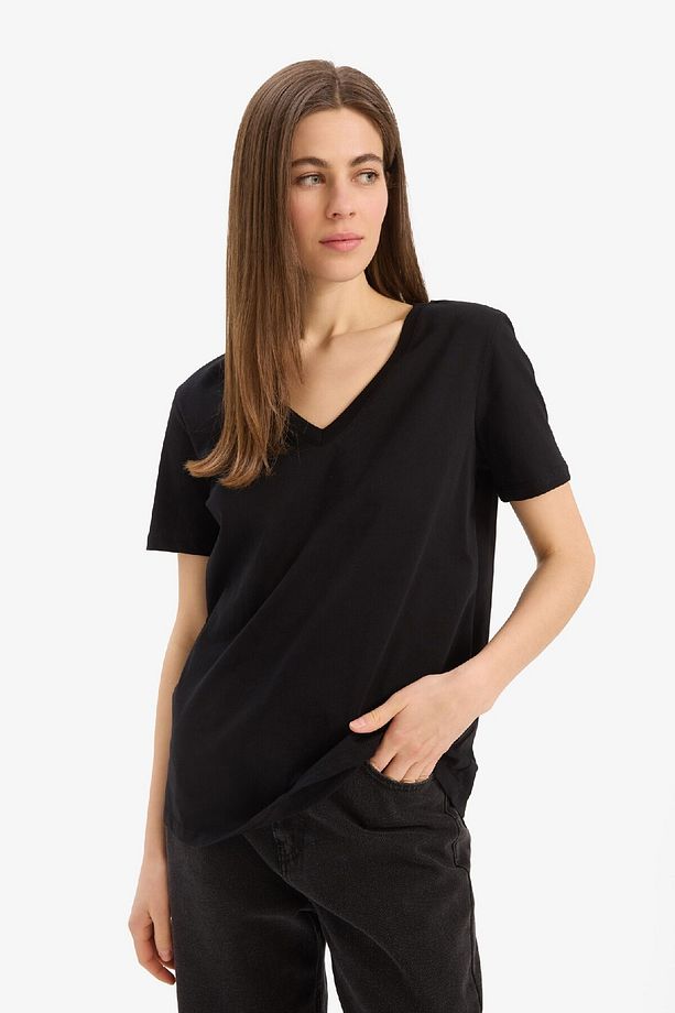 %100 Pamuk Regular Fit V Yaka Basic Düz Kısa Kollu Siyah Tişört W9578az25sp - 3
