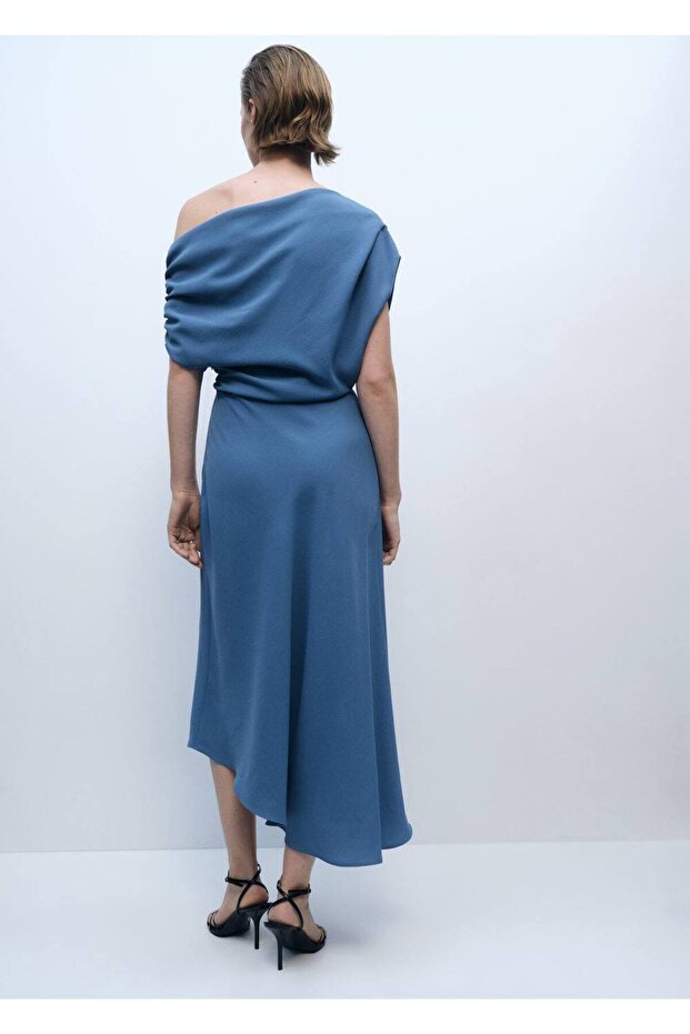 Asimetrik yaka midi elbise - 4