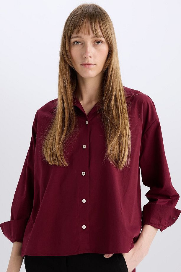 Oversize Geniş Kalıp Poplin Basic Düz Uzun Kollu Gömlek E2677ax24wn - 1