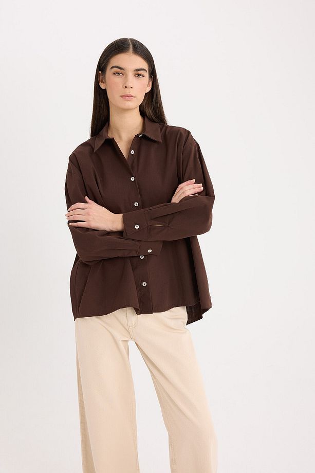 Oversize Geniş Kalıp Poplin Basic Düz Uzun Kollu Gömlek E2677ax24wn - 4
