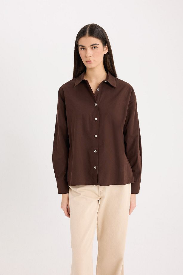Oversize Geniş Kalıp Poplin Basic Düz Uzun Kollu Gömlek E2677ax24wn - 3