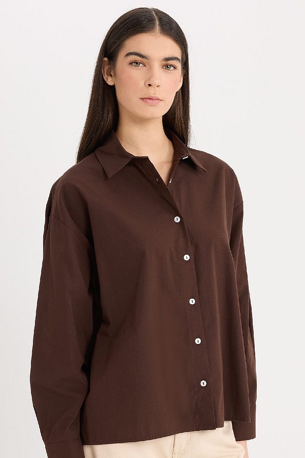 Oversize Geniş Kalıp Poplin Basic Düz Uzun Kollu Gömlek E2677ax24wn - 1