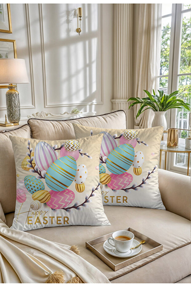 Easter Themed Happy Easter Pink Egg Patterned Digital Printed 2-Piece Throw Pillow Pillow Case
