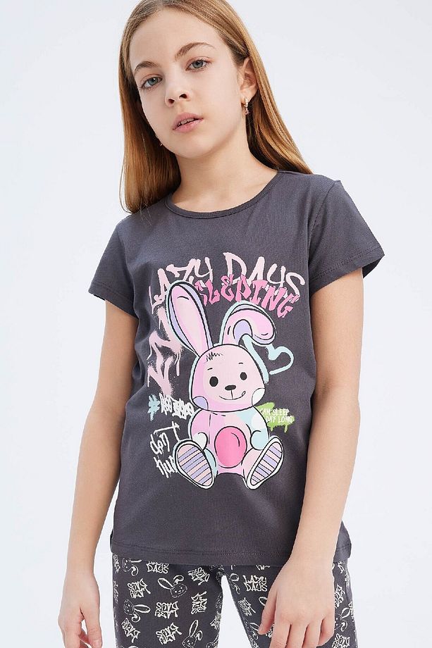 Kız Çocuk Pijama Takımı Bisiklet Yaka Baskılı Kısa Kollu Üst Beli Lastikli Desenli Uzun Alt E2219a82 - 3