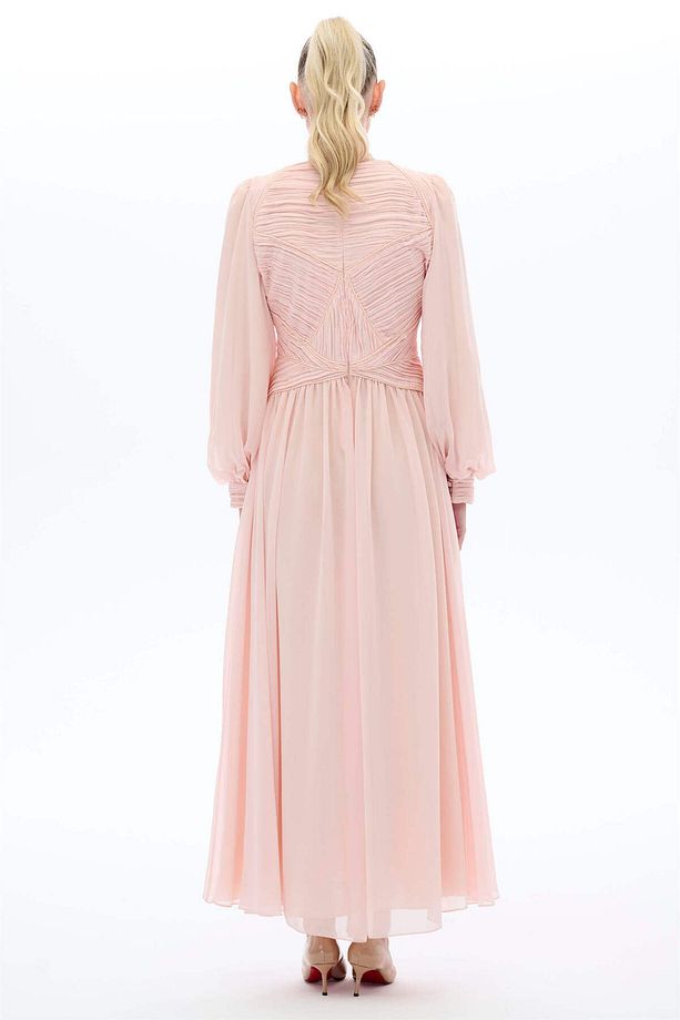ARASI BİYE DETAYLI PİLİSELİ ELBİSE Pembe - 5